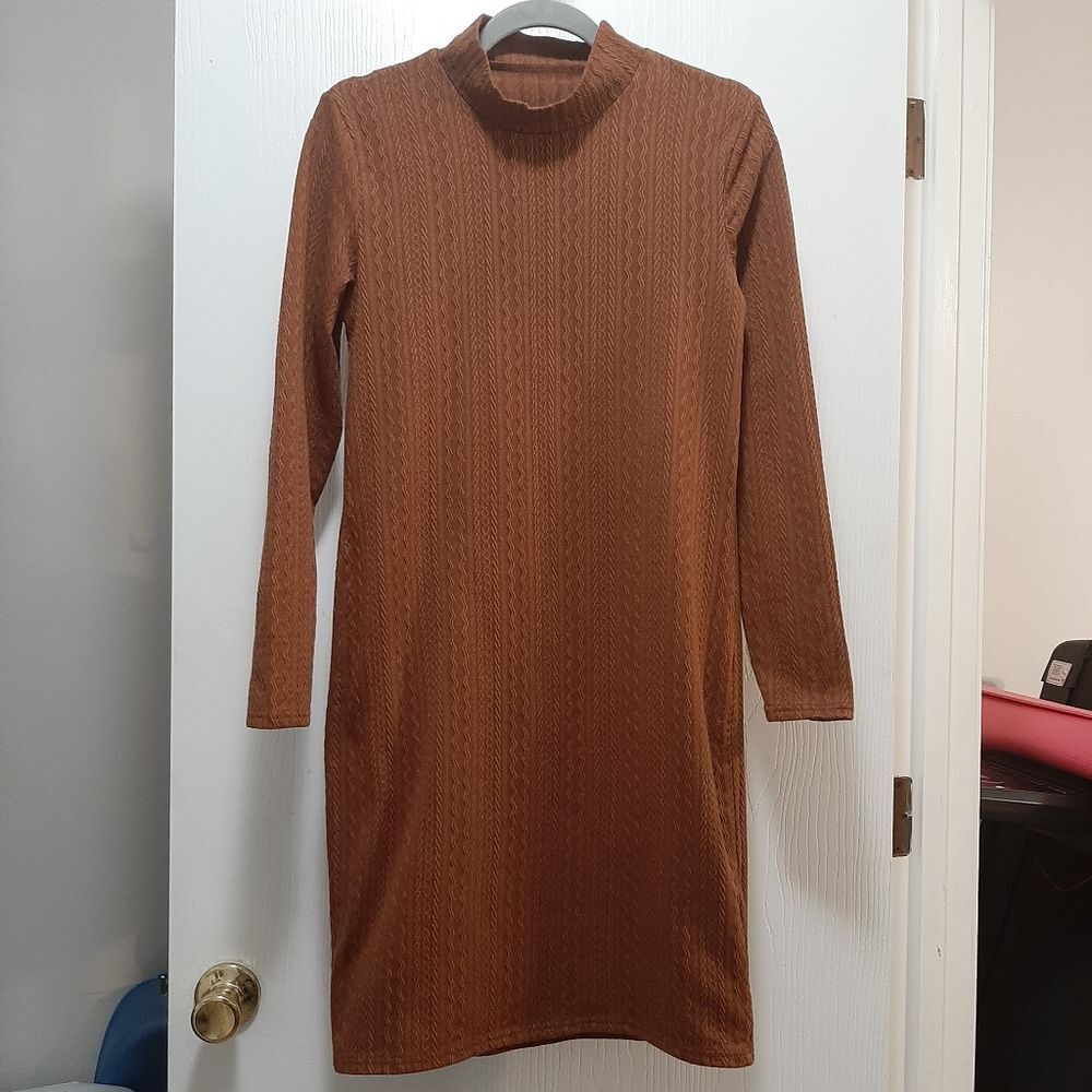 Mock Neck Tan Brown Midi Dress Long Sleeve Small